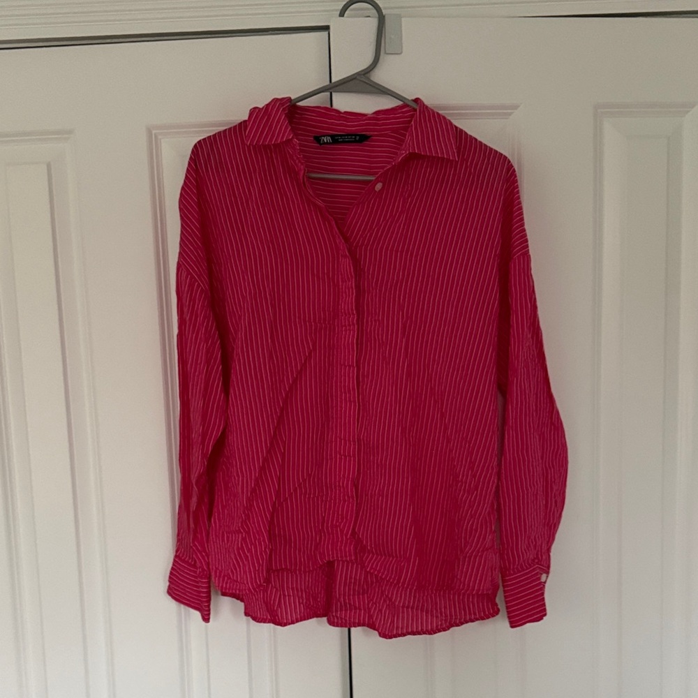 Zara Hot Pink Striped Button-Down Shirt